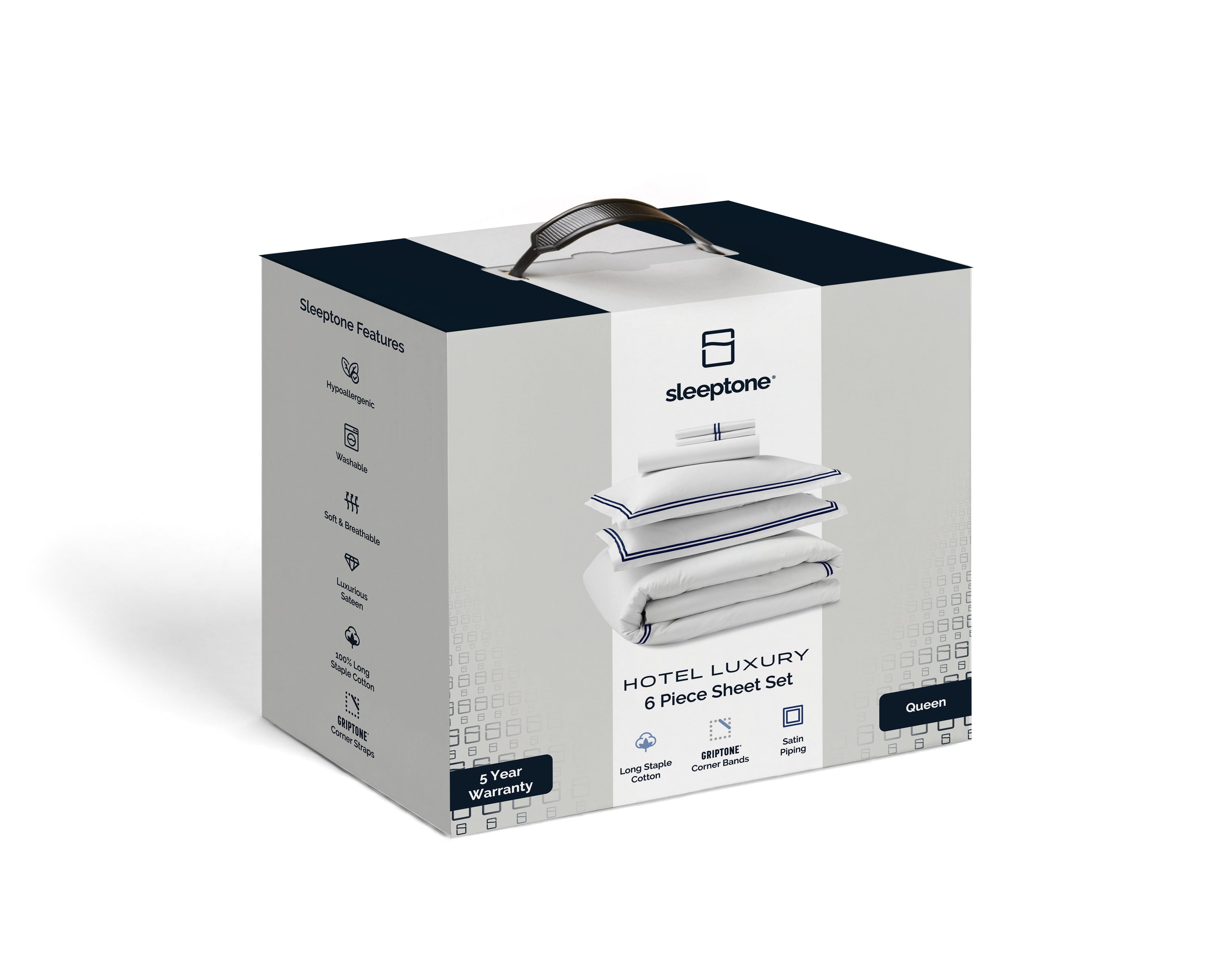 Side angle of a packaged luxurious white cotton bed sheet with black stitching, highlighting its 5-year warranty